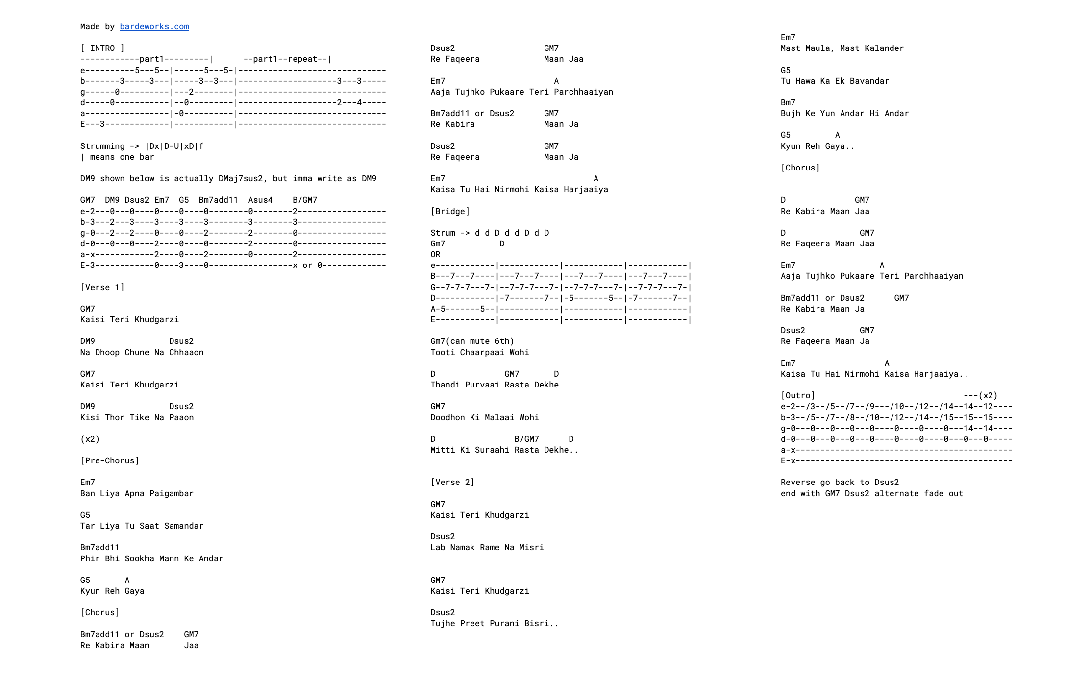 Kabira Guitar Tabs